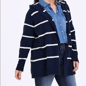 BLUE STRIPE FUZZY OPEN FRONT HOODED CARDIGAN